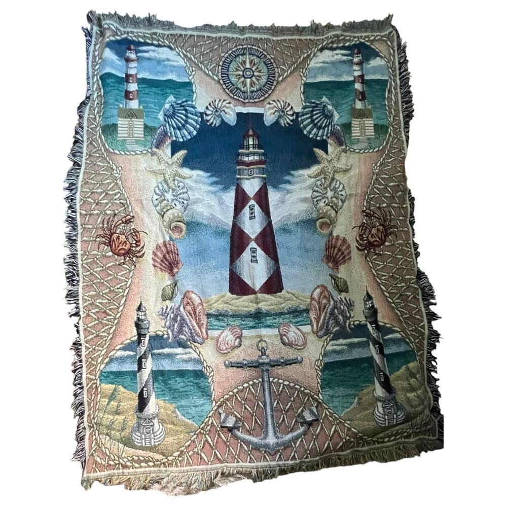 Nautical Beach themed tapestry blanket 50 x 68 lighthouse, seashell
